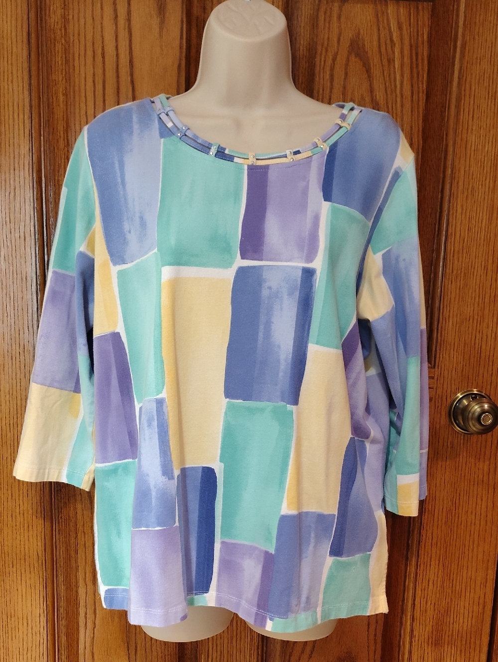 Alfred Dunner Women’s Pastel Block-Print Boatneck Top M